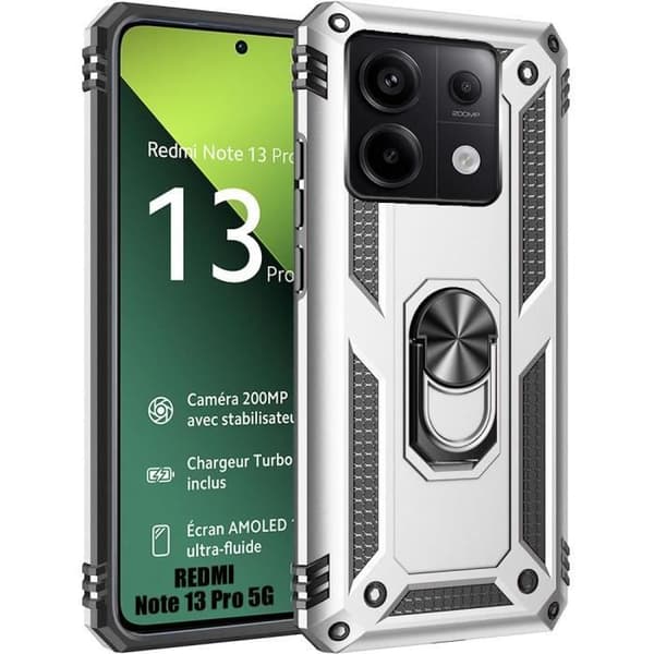 Coque - E.F.CONNECTION - För Xiaomi Redmi Note 13 Pro 5G - Hård Antichock - 360° Svängbart Stöd - Silverfärgad Silver