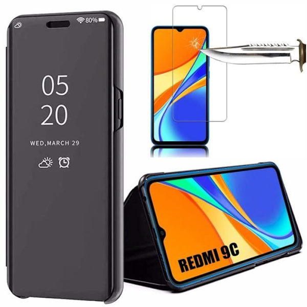 Skyddsfodral för Redmi 9C - E.F.CONNECTION - Spegeleffekt - Genomskinligt fönster - Svart - Härdat glas svart
