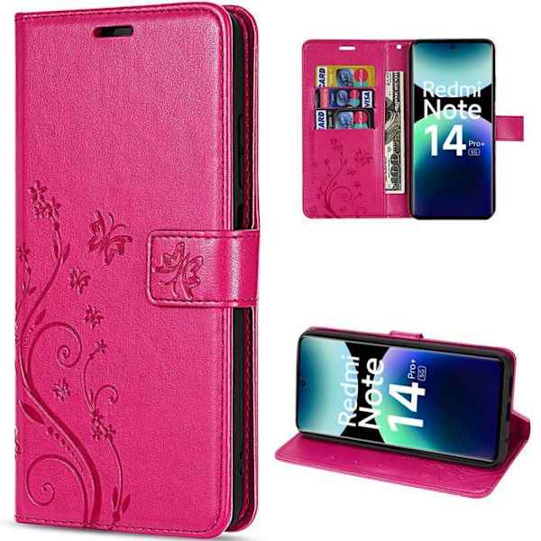 Coque för Xiaomi Redmi Note 14 Pro Plus 5G/Note 14 Pro+ 5G, Skydd med Fodral i Fuchsia Läderlook med Fjärilsmönster Fuchsia