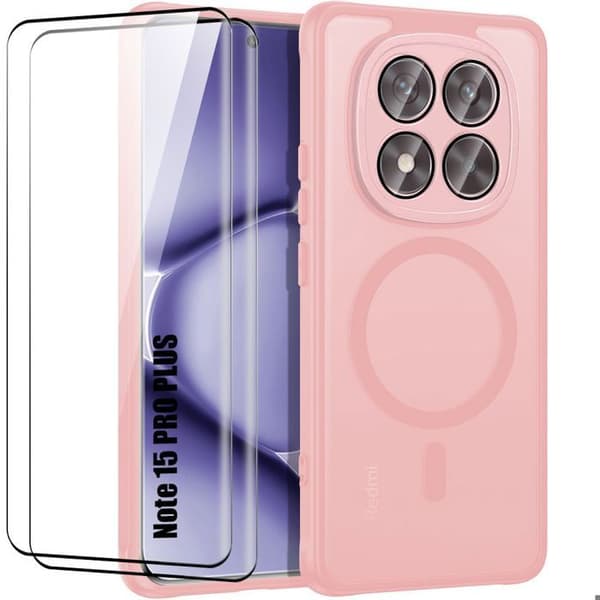 Fodral + 2 Tåliga Glas för Xiaomi Redmi Note 15 Pro Plus 5G - med Magnetring - Rosa Ros