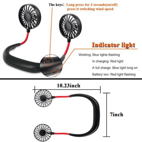 Mini Dual Cooling USB Uppladdningsbar Nackbandsfläkt - Svart