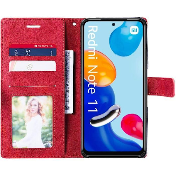 Coque - Xiaomi - Redmi Note 11/11S - Röd - Retro Syntetiskt Läder - Kortficka och Stativ Röd