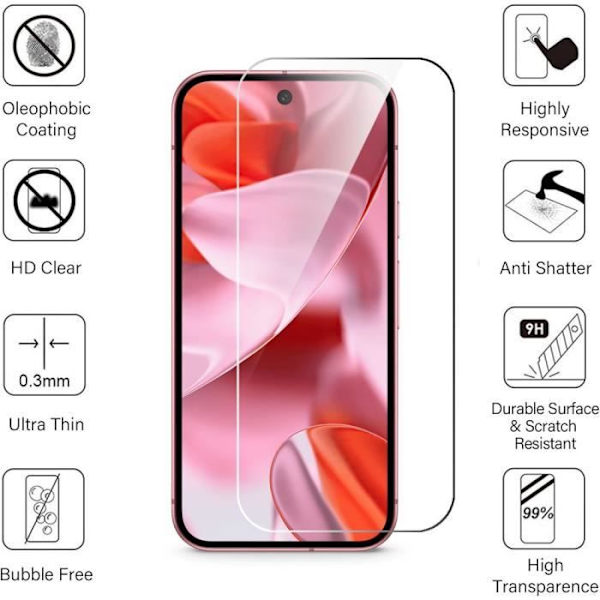 Skærmbeskyttelse - Google - Pixel 9 - Tempereret glas - Anti-ridse - Pakke med 3 Transparent
