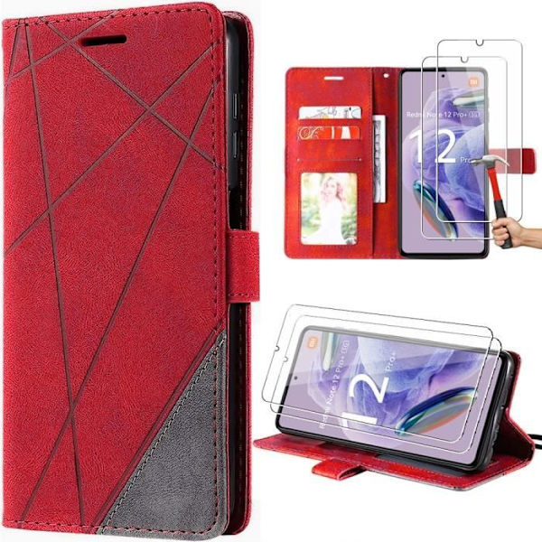 Coque för Xiaomi Redmi Note 12 Pro Plus 5G - Röd - Retro Läder Effekt - Stöttålig - 2 Härdat Glas Röd