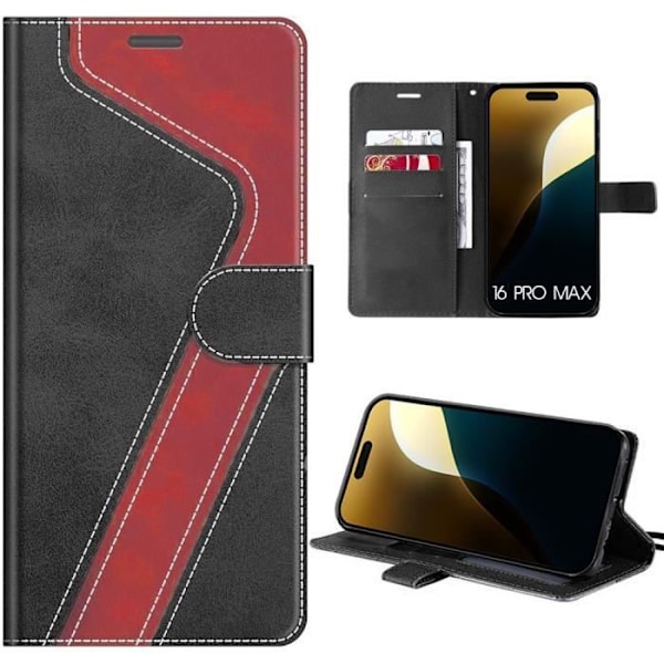 Fodral för iPhone 16 Pro Max, Skyddande Soft Flip Stötsäkert PU-läder - Svart-Röd