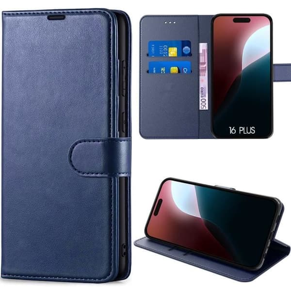 Heltäckande Skal - E.F.CONNECTION - för iPhone 16 Plus - Marinblå PU-Läder - Stötsäker - Repfria marinblå
