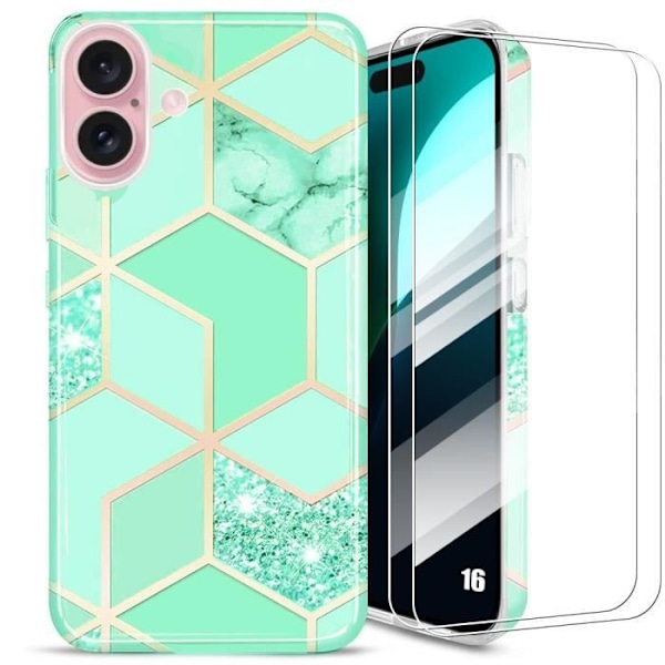 Fodral + 2 härdade glasögon för iPhone 16, ultralätt skydd Smal, stötsäker turkos marmormönster