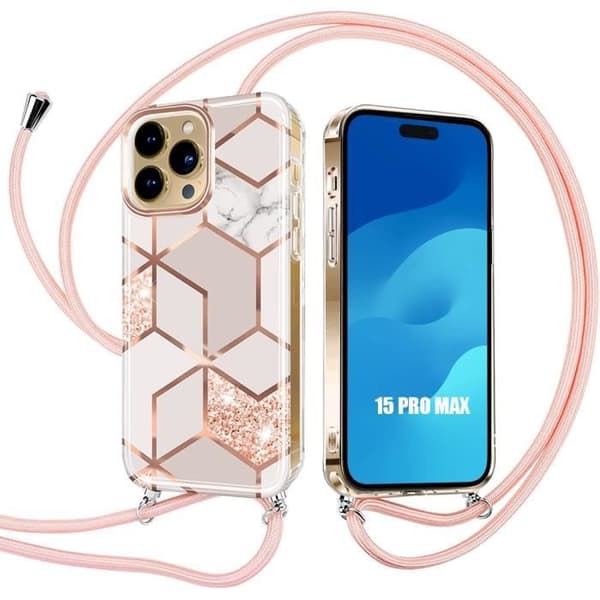 Coque - E.F.CONNECTION - för iPhone 15 Pro Max - Marmor Rosa Mönster - Repellerande Skydd - Bärrem Rosa