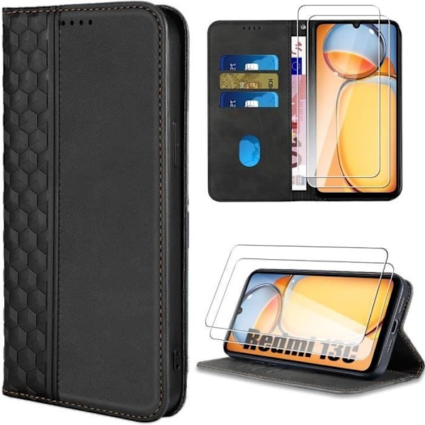 Coque - E.F.Connection - til Xiaomi Redmi 13C i Sort PU Læder - med 2 Tempered Glas Svart
