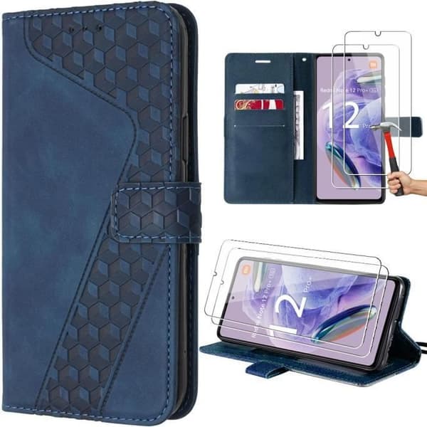 Coque - E.F.CONNECTION - För Xiaomi Redmi Note 12 Pro Plus 5G - Präglat PU-läder - Mörkblå - 2 Härdade glas marinblå