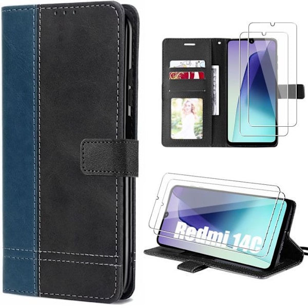 Coque + 2 Berøringsglas til Xiaomi Redmi 14C, 360 Grad Beskyttelse Anti-Ridser To-Farvet Mørkeblå/Sort Marinblå, svart