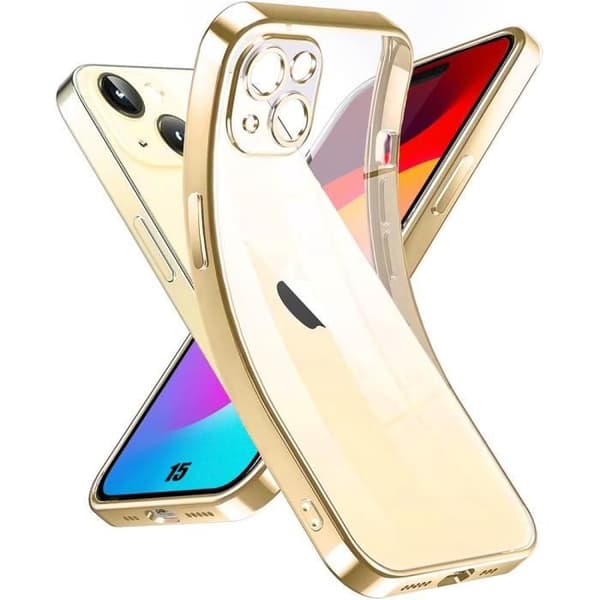 Skyddsskal för iPhone 15 - E.F.CONNECTION - Transparent silikon - Guld kant stötsäker - Flexibel gyllene