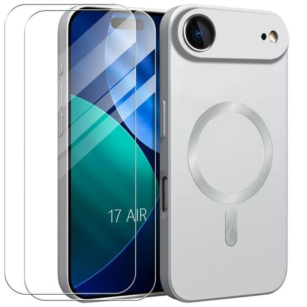 Skyddsskal - E.F.Connection - för iPhone Air - Silverfärgad Magnetring - 2 Härdat Glas Silver