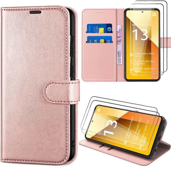 Coque - E.F.CONNECTION - För Xiaomi Redmi Note 13 5G - Rosa - Stöttåligt PU-läderfodral - 2 Härdade glas Rosa
