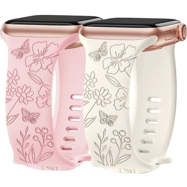 2 Armband till Apple Watch 38mm-40mm-41mm Series 9 8 SE 7 6 5 4 3 2 1 / Serie 10 (42mm) Silikon Mönster Fjäril Vit och Rosa Vit, Rosa