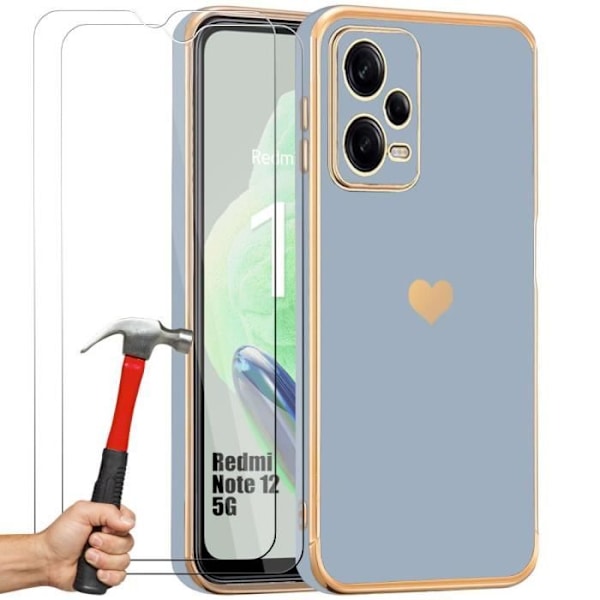 Fodral för Xiaomi Redmi Note 12 5G (inte för Note 12 4G), Silikon Stötsäkert fodral i blått hjärta + 2 härdade glasögon