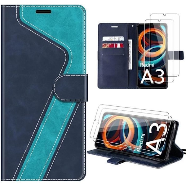 Coque - E.F.Connection - för Xiaomi Redmi A3 - Syntetiskt läder - Fällbart skydd - med 2 härdade glas Blå
