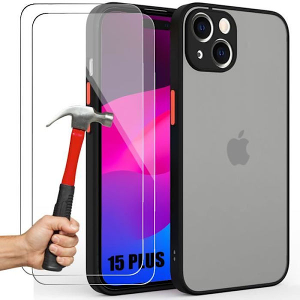 Cover til iPhone 15 Plus, tynd stiv silikonebeskyttelse Stødsikker sort + 2 hærdede briller Svart