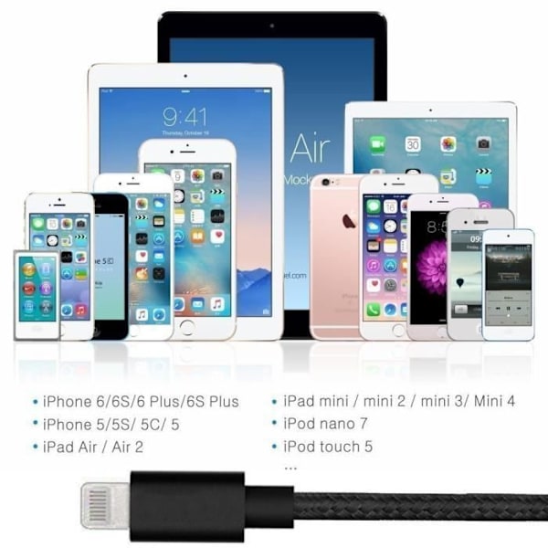 USB-kabel til Apple iPhone iPad, 1M, sort nylon