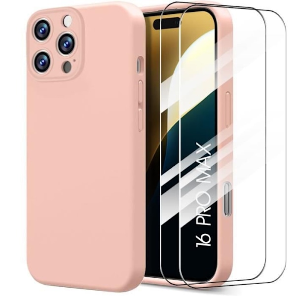 Fodral för iPhone 16 Pro Max - Smal stötsäker Matt Flytande Silikonskydd - Rosa + 2 härdade glasögon