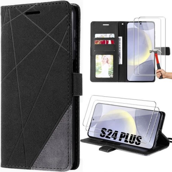 Coque - Samsung - Galaxy S24 Plus - Syntetisk Læder - Pung - 2 Tempererede Glas Svart