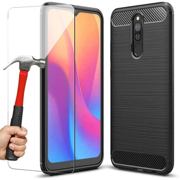 Taske til Redmi 8 (6,21") Inkluderet hærdet glas Silikone Sort Anti Shock Funktioner Ståldesign TPU forstærket beskyttelse Svart