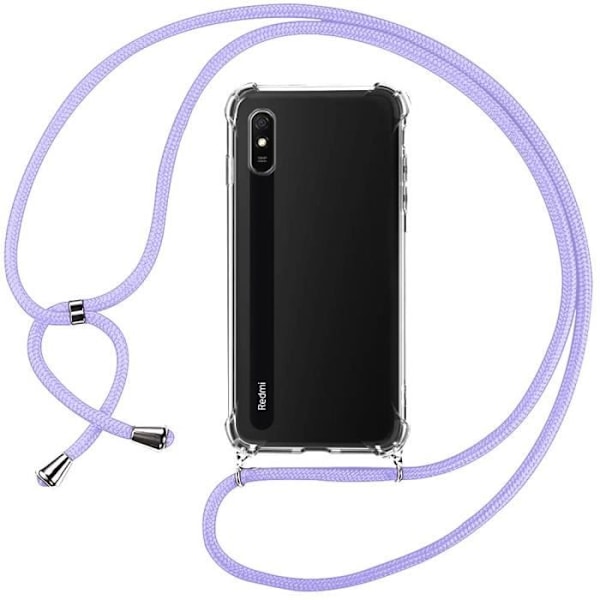 Fodral för Redmi 9A (6,53") Mjukt anti-skrapa Transparent TPU-skydd Förstärkta hörn + axelrem Lila Transparent-lila