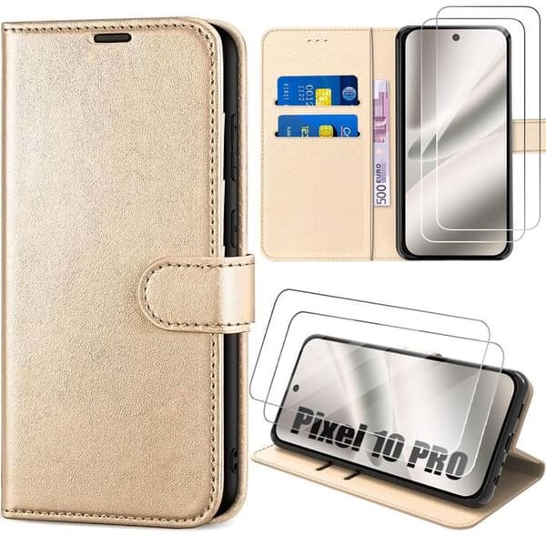 Coque - E.F.Connection - för Google Pixel 10 Pro - Flip Case Stöttålig Effekts Skinn Guld - 2 Härdat Glas gyllene