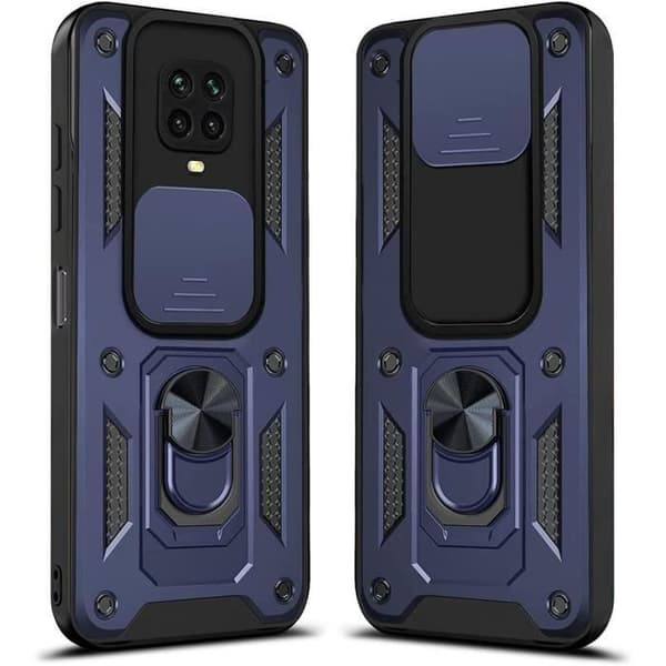 Skyddsskal - E.F.CONNECTION - För Xiaomi Redmi Note 9 - Härdat glas - Mörkblå - Ringstöd marinblå
