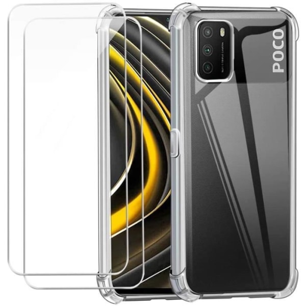 Etui til Xiaomi Redmi 9T/Xiaomi Poco M3 6,53" cover cover, blødt gennemsigtigt TPU silikone cover + 2 pakke hærdet glas film