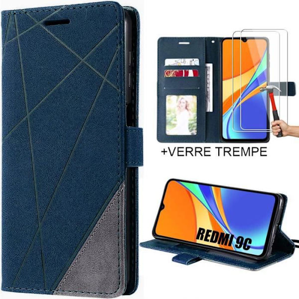Fodral + 2 härdade glasögon för Xiaomi Redmi 9C - Marinblått flipfodral i lädereffekt