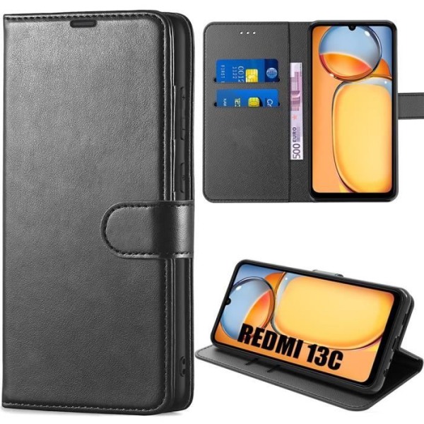 Coque - Xiaomi - Redmi 13C - Syntetiskt Läder - Stötskydd - Kortfickor Svart