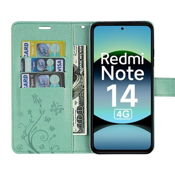 Coque för Xiaomi Redmi Note 14 4G (inte för 5G) Flip Case Syntetisk Läder Anti-Rip Mönster Växt Fjäril Grön Grön