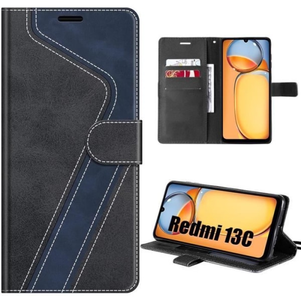 Fodral för Xiaomi Redmi 13C, svart, PU-läder och TPU-fodral med plånbok och inbyggt stativ, tvåfärgad design