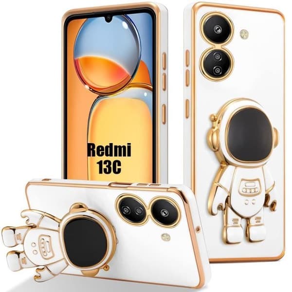 Coque för Xiaomi Redmi 13C - E.F.CONNECTION - Astronaut - Mjuk silikon - Stötbeständig - Fällbart stativ Vit
