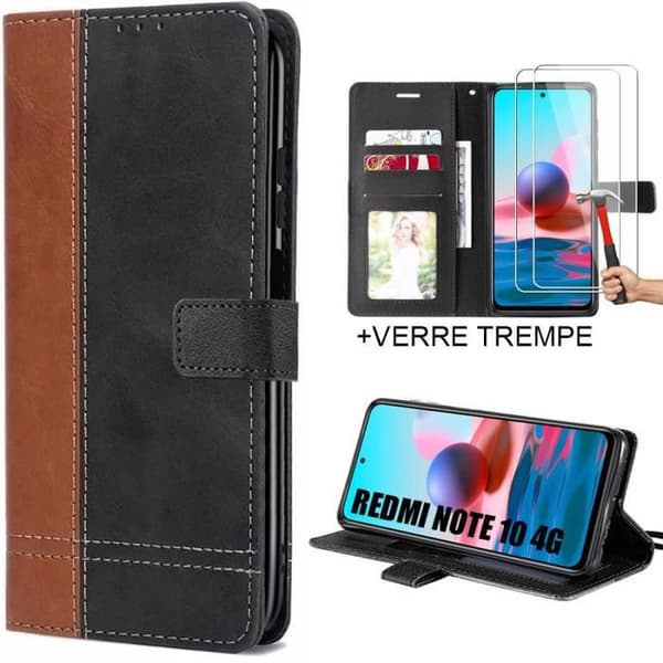 Coque och Härdat Glas för Xiaomi Redmi Note 10 - Brun-Svart - Fällbart Lock - Videostöd kastanj