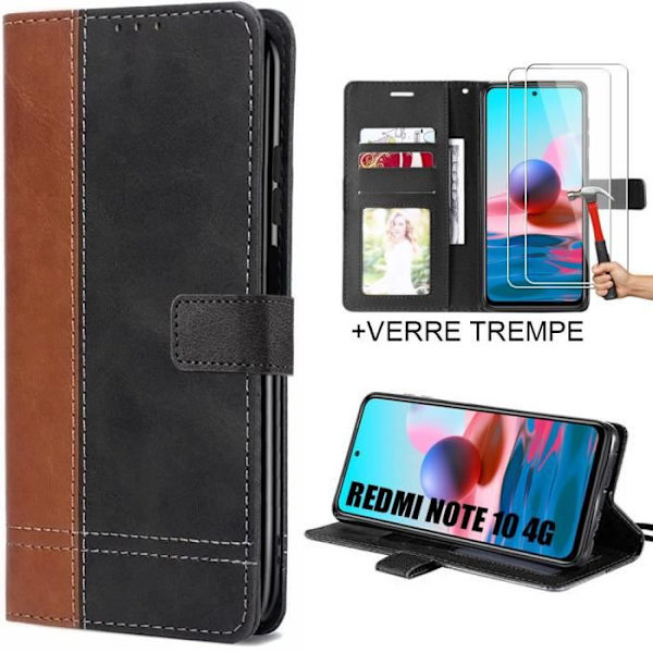 Set med 2 härdade glasögon + fodral för Redmi Note 10 Integral tvåfärgad lädereffekt Brun-svart