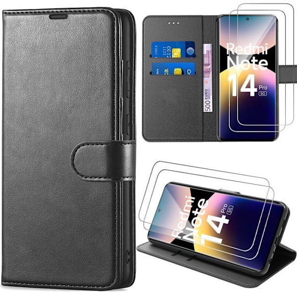 Coque + 2 Glaser med Tempereret Glas til Xiaomi Redmi Note 14 Pro 5G (ikke til 4G) Beskyttelse med Klap i Syntetisk Læder Sort Svart