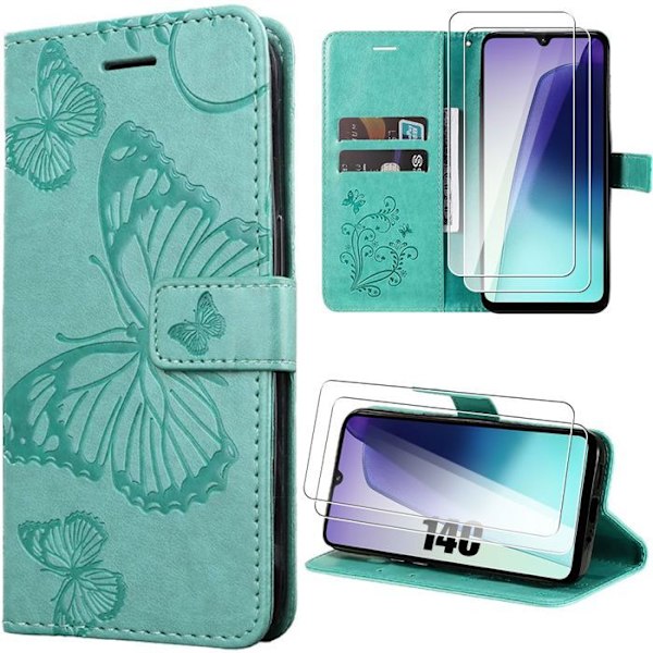 Coque + 2 Färgade Glas för Xiaomi Redmi 14C - Flip Case Motif Fjäril i Syntetiskt Läder Grön Grön