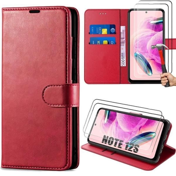 Hölster - E.F.Connection - för Xiaomi Redmi Note 12S - Röd - Stötsäker - PU-läder + 2 Härdade Glas Röd
