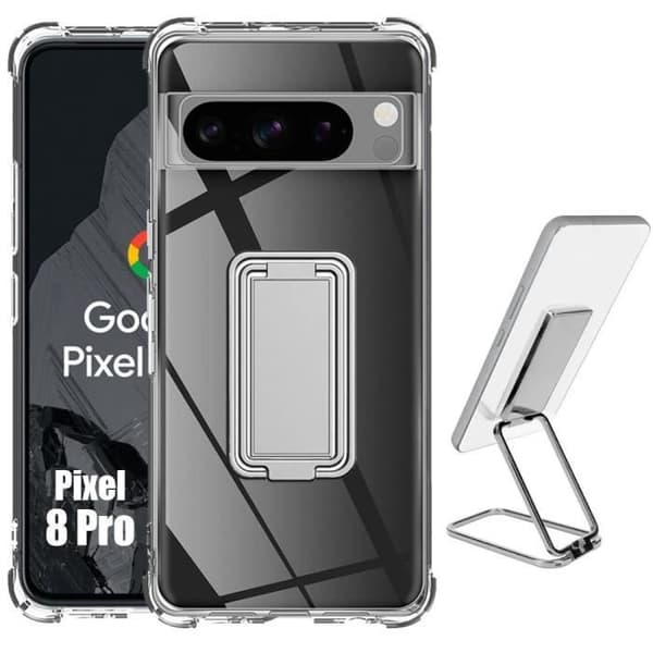 Fodral för Google Pixel 8 Pro, smalt genomskinligt silikon med silver vikbart stativ Klar, Silver
