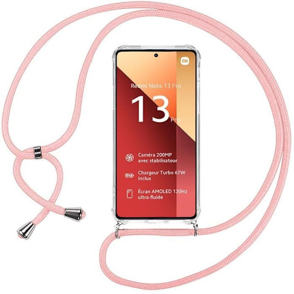 Lanyardfodral till Xiaomi Redmi Note 13 Pro 4G (ej för 5G), stötsäkert skydd i transparent silikon med rosa linjal