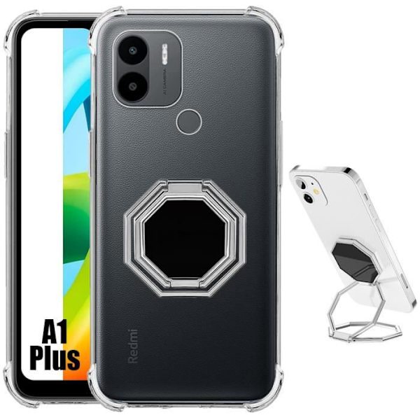 Fodral för Xiaomi Redmi A1+-A1 Plus Transparent silikon med justerbar ringhållare Silver