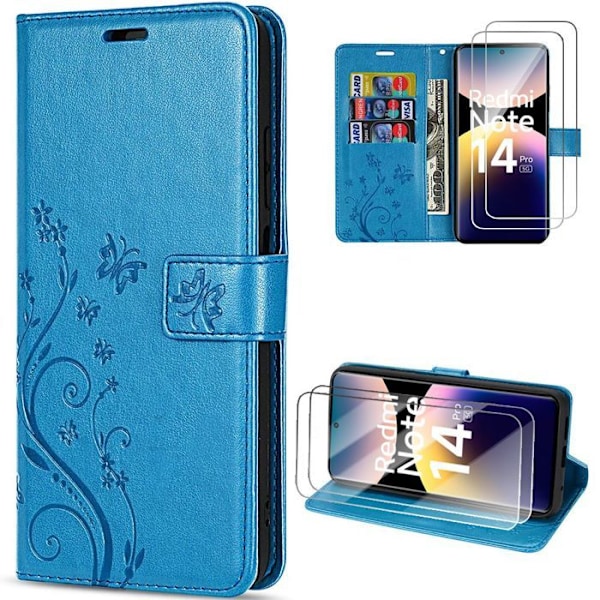 Coque och 2 Fuktiga Glas för Xiaomi Redmi Note 14 Pro 5G (inte för 4G) Skydd i Syntetisk Läder Blå Fjärilsdesign Blå