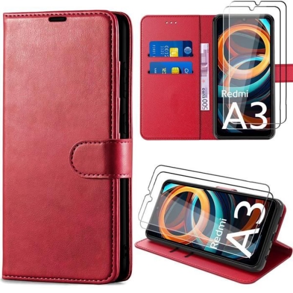 Coque för Xiaomi Redmi A3 - E.F.Connection - Röd - Antichock Läder Effekt - 2 Härdat Glas - Justerbart Stöd Röd
