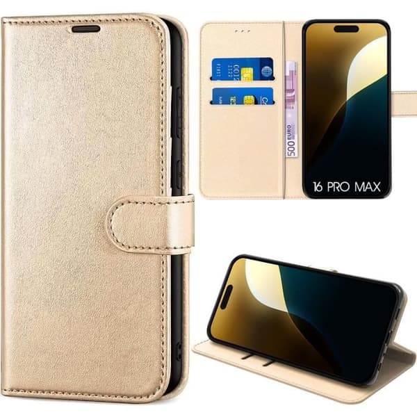 Coque - E.F.CONNECTION - för iPhone 16 Pro Max - PU-läder Guld - Stötabsorberande - Kortfack gyllene
