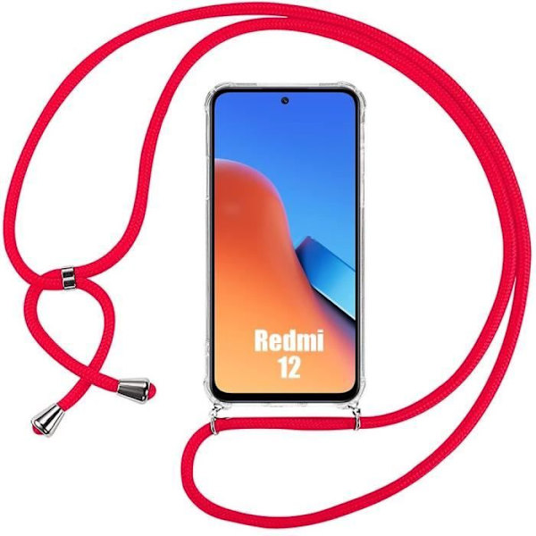 Lanyardfodral för Xiaomi Redmi 12 5G-4G (ej för Redmi Note 12) - Stötsäkert transparent skydd + röd linne