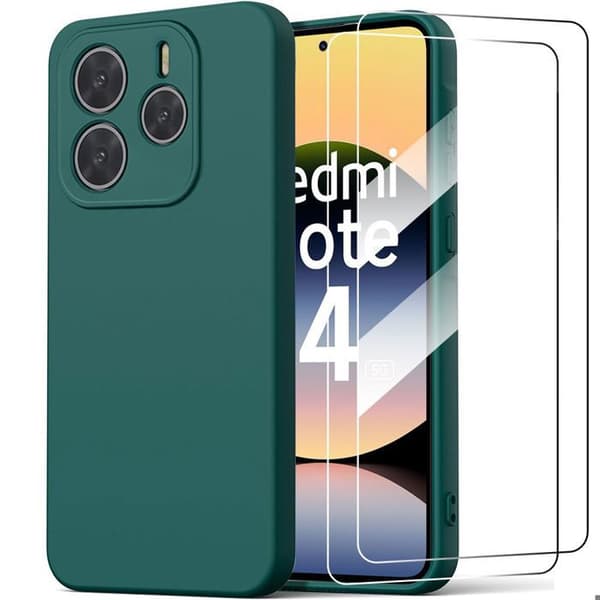 Coque för Xiaomi Redmi Note 14 5G - Grön Silikon Natt + 2 Härdat Glas - E.F.Connection® Nattgrönt