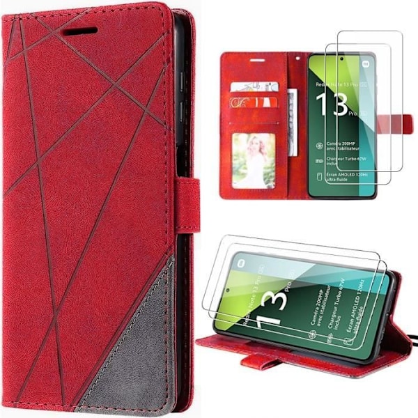 Coque - Xiaomi - Redmi Note 13 Pro 5G - Syntetisk Læder - Rød - 2 Tempered Glas Röd