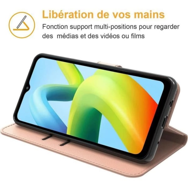 Etui til Redmi A1+/A2+ (A1 Plus/A2 Plus) + 2 hærdede briller, lyserødt PU-læderbeskyttelse Magnetisk lukning Rosa